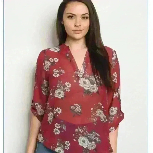 Burgundy floral sheer blouse Size 1X - Picture 1 of 5